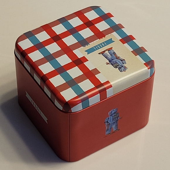 Fossil Watch Tin Retro Robot Plaid Vintage Style Collectible *Empty Tin Only* - Picture 4 of 16